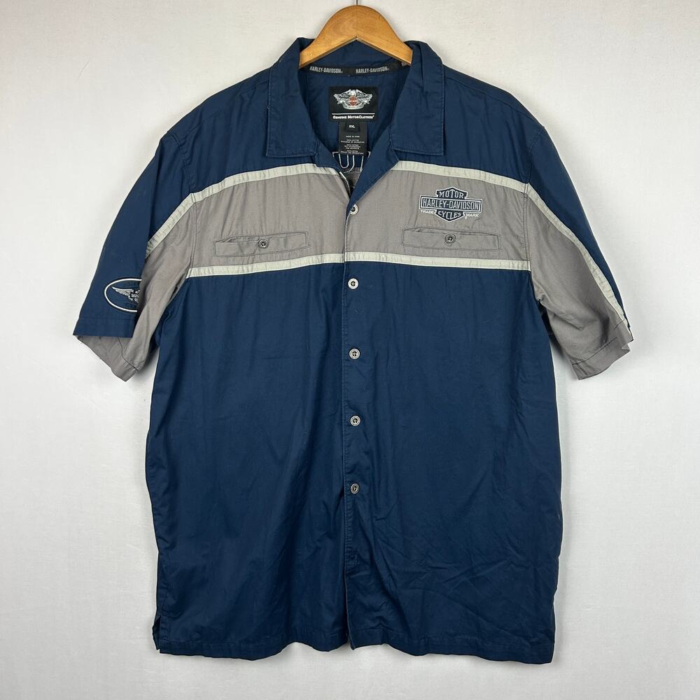 Harley Davidson Blue Button Up Mechanic Shirt Short Sleeve Men's Size 2XL